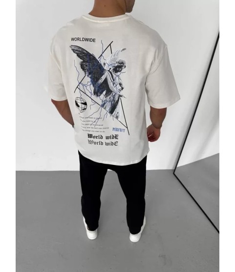 Unisex Bisiklet Yaka Baskılı Oversize T-Shirt - Beyaz