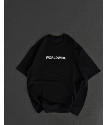 Unisex Bisiklet Yaka Baskılı Oversize T-Shirt - Siyah