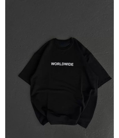 Unisex Bisiklet Yaka Baskılı Oversize T-Shirt - Siyah