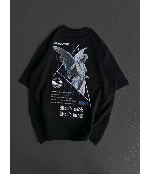 Unisex Bisiklet Yaka Baskılı Oversize T-Shirt - Siyah
