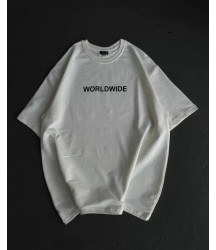 Unisex Bisiklet Yaka Baskılı Oversize T-Shirt - Beyaz