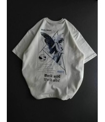 Unisex Bisiklet Yaka Baskılı Oversize T-Shirt - Beyaz