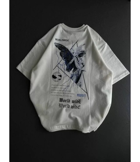 Unisex Bisiklet Yaka Baskılı Oversize T-Shirt - Beyaz