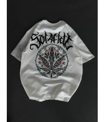 Unisex Bisiklet Yaka Baskılı Oversize T-Shirt - Beyaz