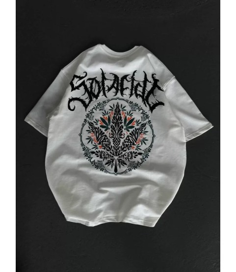 Unisex Bisiklet Yaka Baskılı Oversize T-Shirt - Beyaz