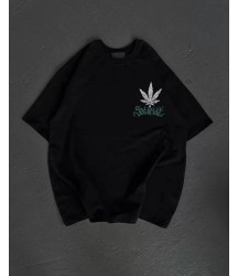 Unisex Bisiklet Yaka Baskılı Oversize T-Shirt - Siyah