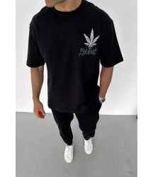 Unisex Bisiklet Yaka Baskılı Oversize T-Shirt - Siyah
