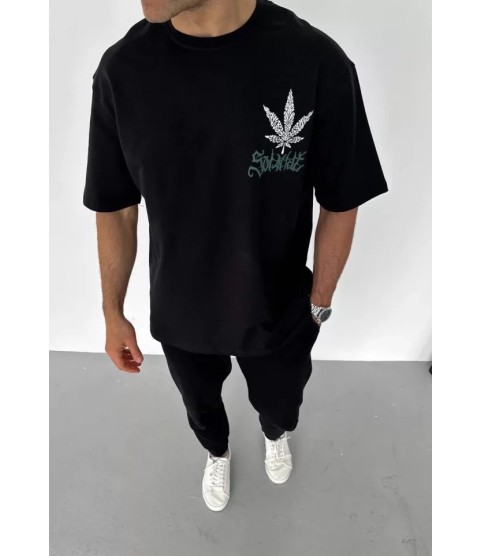 Unisex Bisiklet Yaka Baskılı Oversize T-Shirt - Siyah