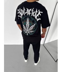 Unisex Bisiklet Yaka Baskılı Oversize T-Shirt - Siyah