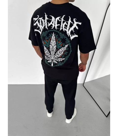 Unisex Bisiklet Yaka Baskılı Oversize T-Shirt - Siyah
