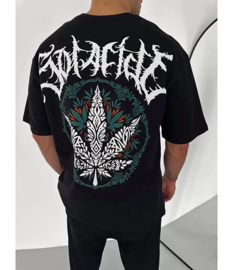 Unisex Bisiklet Yaka Baskılı Oversize T-Shirt - Siyah