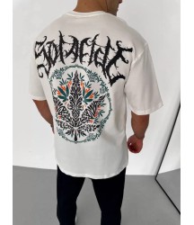 Unisex Bisiklet Yaka Baskılı Oversize T-Shirt - Beyaz