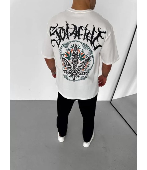 Unisex Bisiklet Yaka Baskılı Oversize T-Shirt - Beyaz