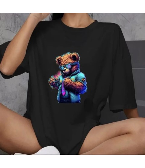 Unisex Bisiklet Yaka Baskılı Oversize T-Shirt - Siyah