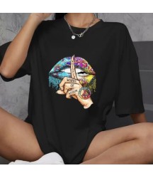 Unisex Bisiklet Yaka Baskılı Oversize T-Shirt - Siyah