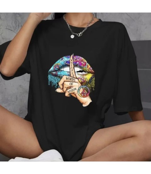 Unisex Bisiklet Yaka Baskılı Oversize T-Shirt - Siyah