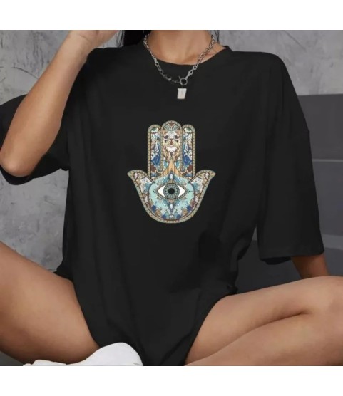 Unisex Bisiklet Yaka Baskılı Oversize T-Shirt - Siyah