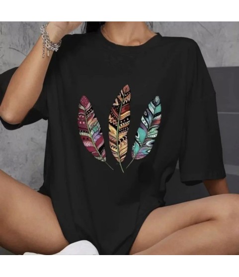 Unisex Bisiklet Yaka Baskılı Oversize T-Shirt - Siyah