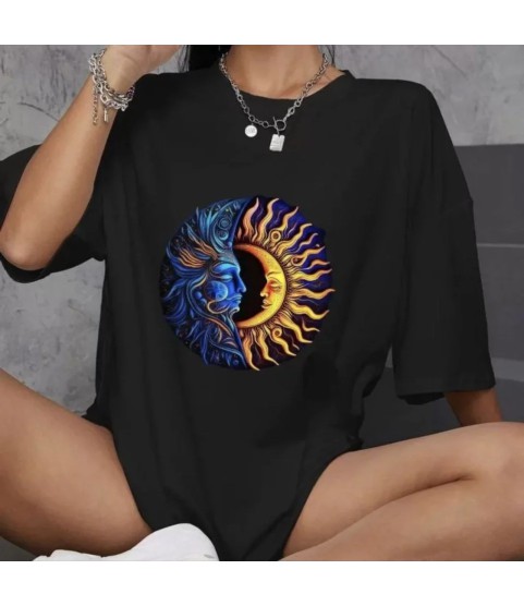 Unisex Bisiklet Yaka Baskılı Oversize T-Shirt - Siyah
