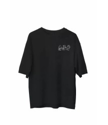 Unisex Bisiklet Yaka Baskılı Oversize T-Shirt - Siyah