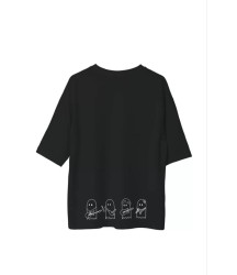 Unisex Bisiklet Yaka Baskılı Oversize T-Shirt - Siyah