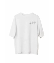 Unisex Bisiklet Yaka Baskılı Oversize T-Shirt - Beyaz