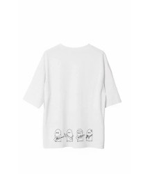 Unisex Bisiklet Yaka Baskılı Oversize T-Shirt - Beyaz