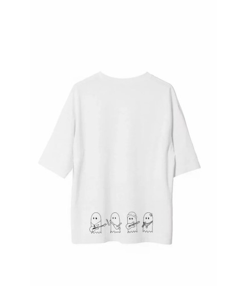 Unisex Bisiklet Yaka Baskılı Oversize T-Shirt - Beyaz