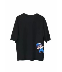 Unisex Bisiklet Yaka Baskılı Oversize T-Shirt - Siyah