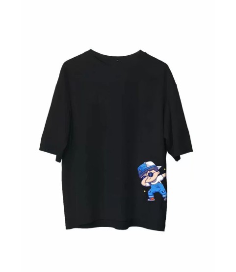 Unisex Bisiklet Yaka Baskılı Oversize T-Shirt - Siyah