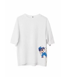Unisex Bisiklet Yaka Baskılı Oversize T-Shirt - Beyaz