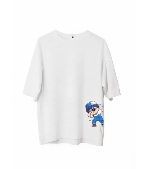 Unisex Bisiklet Yaka Baskılı Oversize T-Shirt - Beyaz