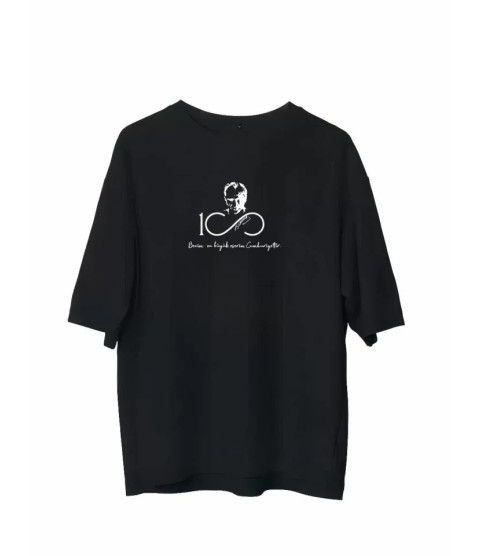Unisex Bisiklet Yaka Baskılı Oversize T-Shirt - Siyah