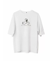 Unisex Bisiklet Yaka Baskılı Oversize T-Shirt - Beyaz