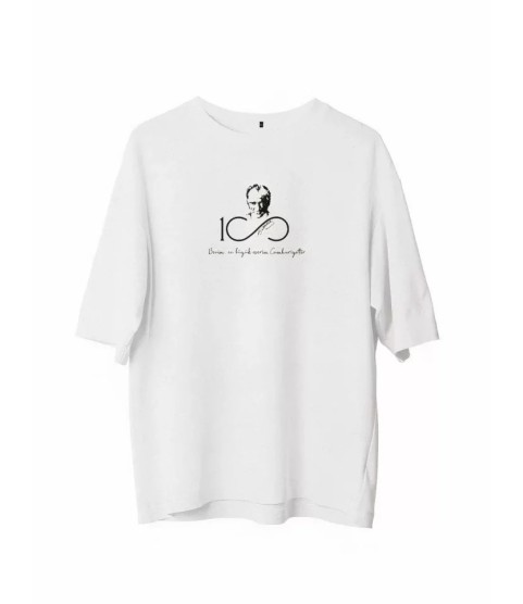 Unisex Bisiklet Yaka Baskılı Oversize T-Shirt - Beyaz