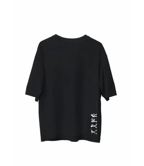 Unisex Bisiklet Yaka Baskılı Oversize T-Shirt - Siyah