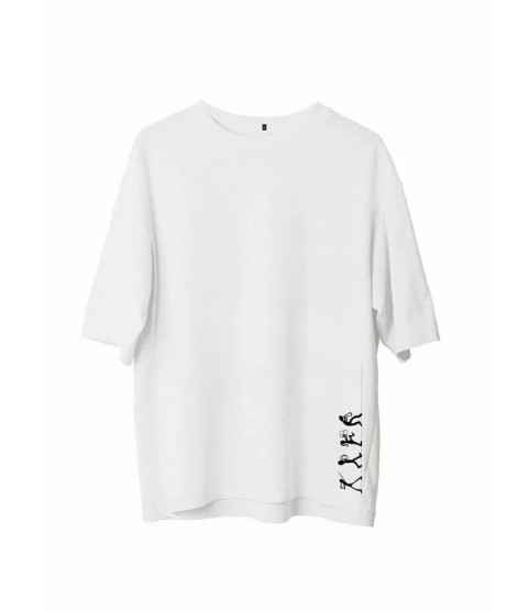 Unisex Bisiklet Yaka Baskılı Oversize T-Shirt - Beyaz