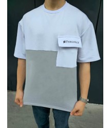 Unisex Torba Cep Detaylı  Parçalı T-Shirt - Gri