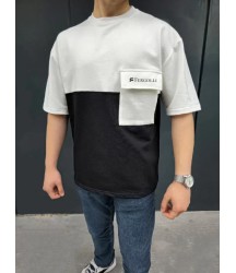 Unisex Torba Cep Detaylı  Parçalı T-Shirt - Siyah