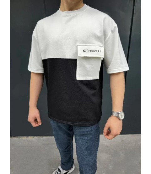 Unisex Torba Cep Detaylı  Parçalı T-Shirt - Siyah