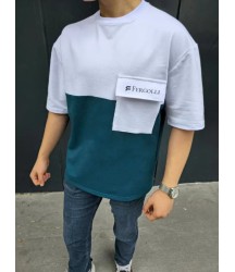 Unisex Torba Cep Detaylı  Parçalı T-Shirt - Lacivert