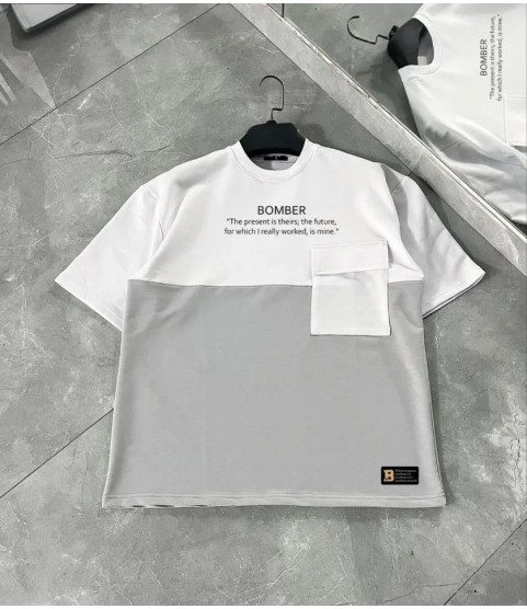 Unisex Torba Cep Detaylı  Parçalı T-Shirt - Gri