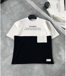 Unisex Torba Cep Detaylı  Parçalı T-Shirt - Siyah