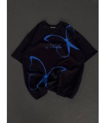 Unisex Bisiklet Yaka Baskılı Oversize T-Shirt - Siyah
