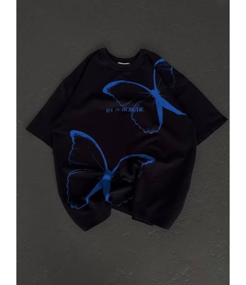 Unisex Bisiklet Yaka Baskılı Oversize T-Shirt - Siyah
