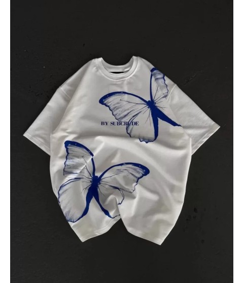 Unisex Bisiklet Yaka Baskılı Oversize T-Shirt - Beyaz
