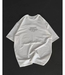 Unisex Bisiklet Yaka Baskılı Oversize T-Shirt - Beyaz