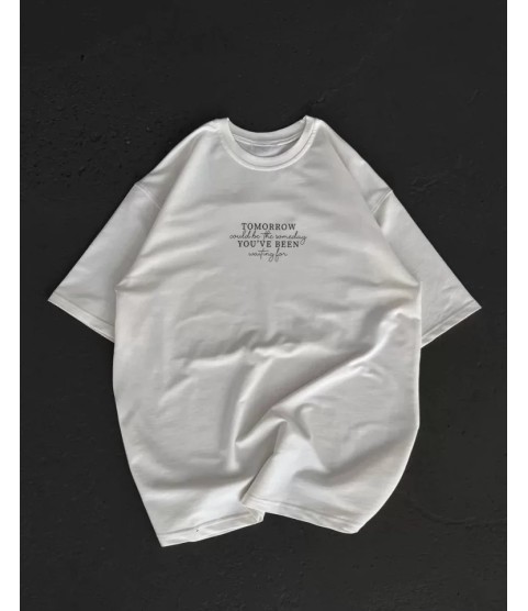 Unisex Bisiklet Yaka Baskılı Oversize T-Shirt - Beyaz