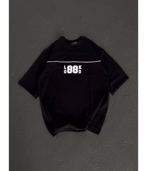 Unisex Bisiklet Yaka Baskılı Oversize T-Shirt - Siyah