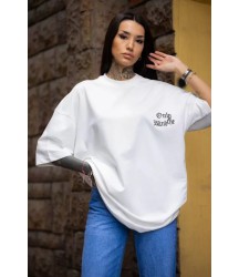 Unisex Bisiklet Yaka Baskılı Oversize T-Shirt - Beyaz
